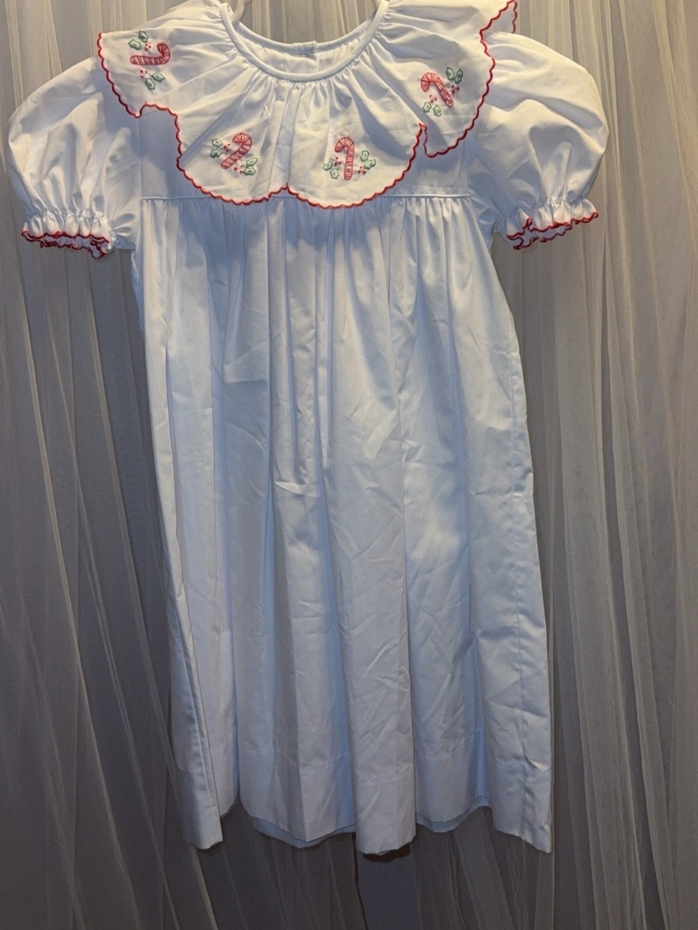 Aura White Girls' Embroidered Candy Cane dress with Red Trim